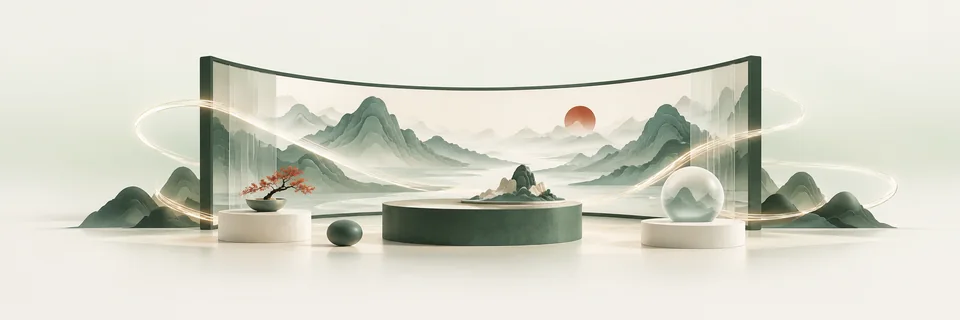 Concept illustration of curved digital screens and an illuminated exhibition platform
