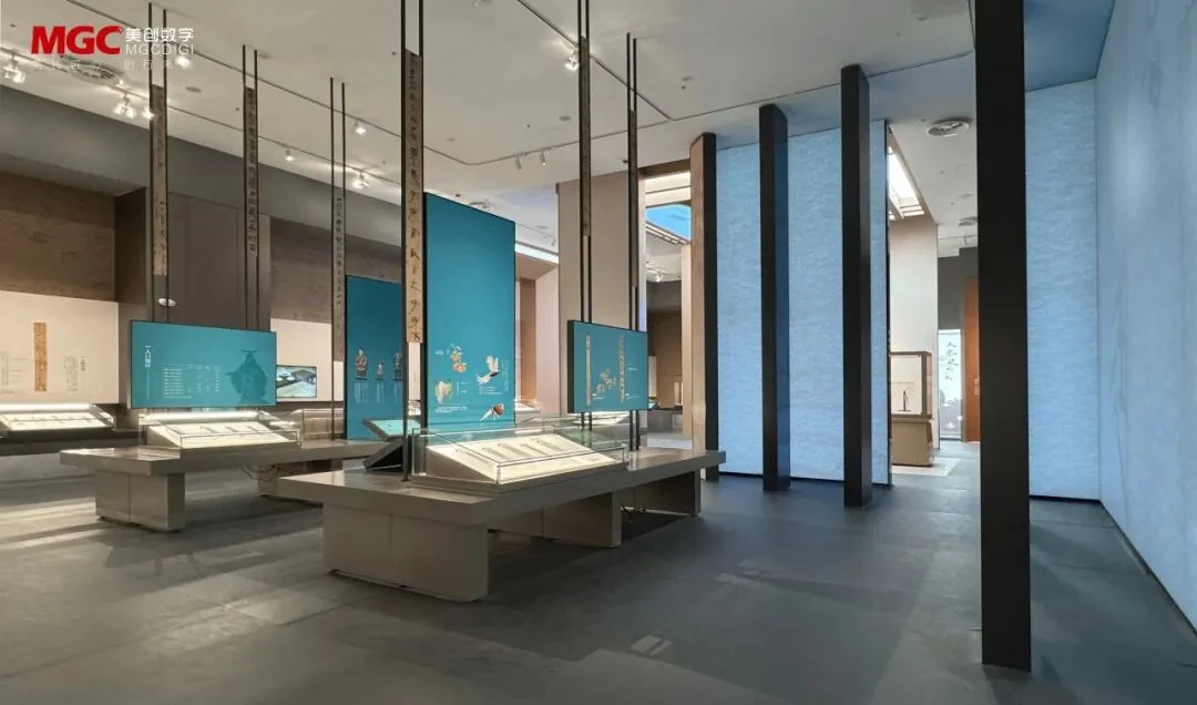 An exhibition interior in light and blue tones